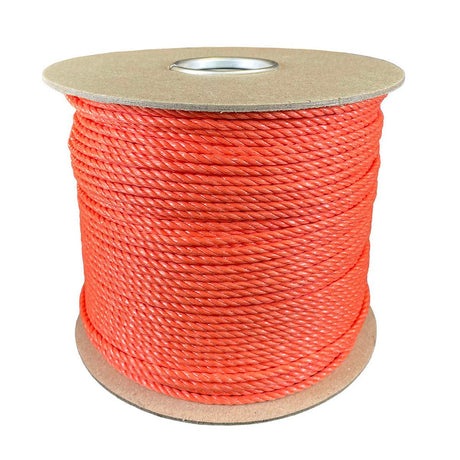 4mm orange polypropylene rope on a cardboard reel with a white background