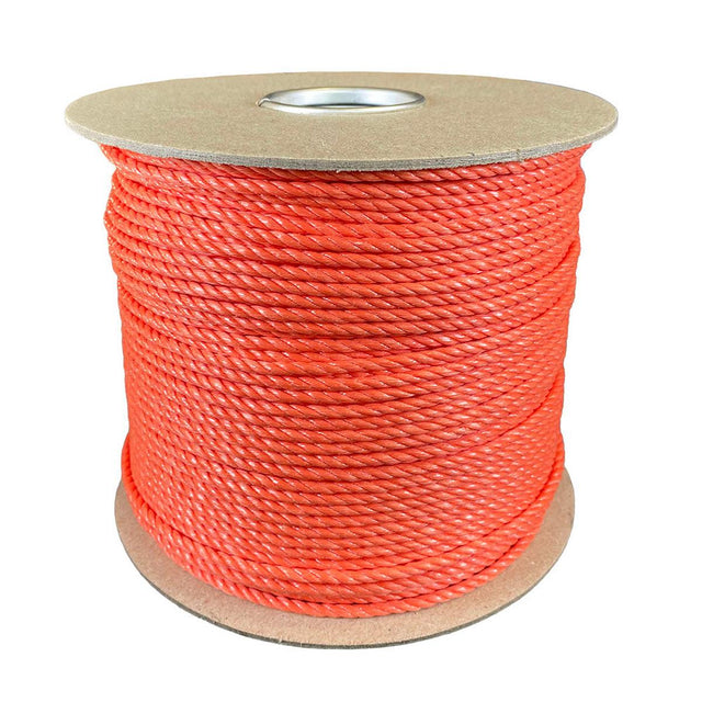 4mm orange polypropylene rope on a cardboard reel with a white background