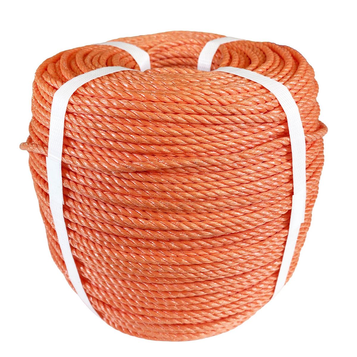 Coil of orange polypropylene rope with white banding on a white background