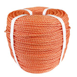 Coil of orange polypropylene rope with white banding on a white background