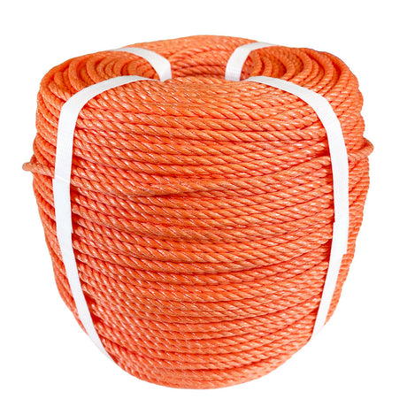 Coil of orange polypropylene rope with white banding on a white background