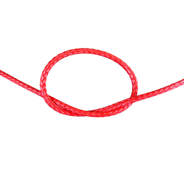 Close-up of a 4mm red braided dyneema cord in a knot on a white background