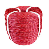 Coil of red polypropylene rope with white banding on a white background