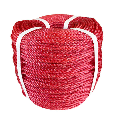 Coil of red polypropylene rope with white banding on a white background