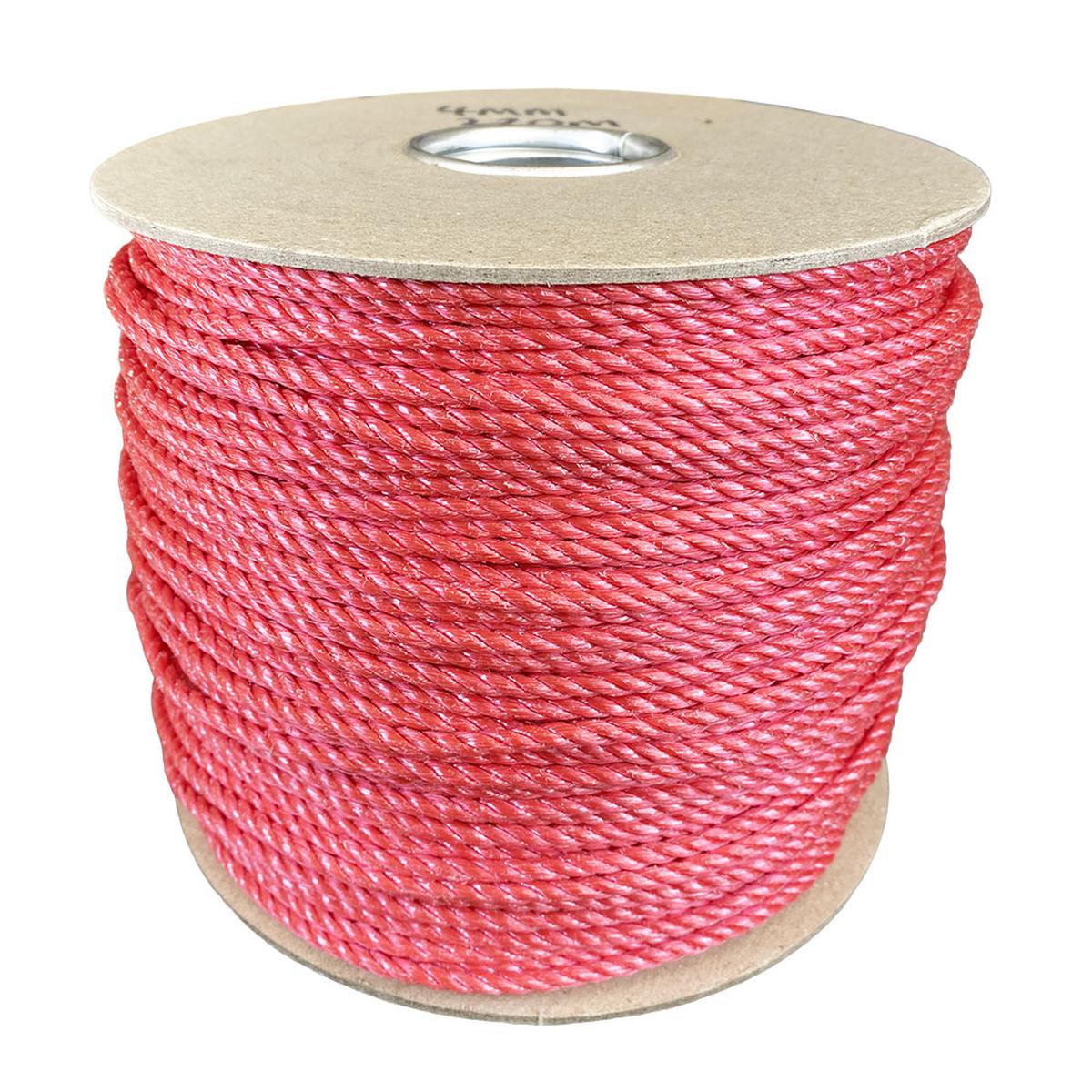 4mm red polypropylene rope on a cardboard reel with a white background
