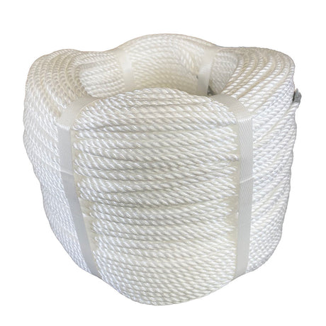 Coil of yellow polypropylene rope with white banding on a white background