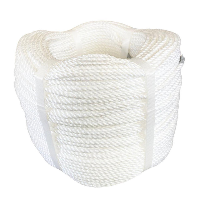 Coil of white polypropylene rope with white banding on a white backgroud