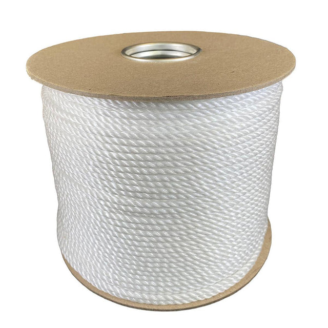 4mm white polypropylene rope on a cardboard reel with a white background