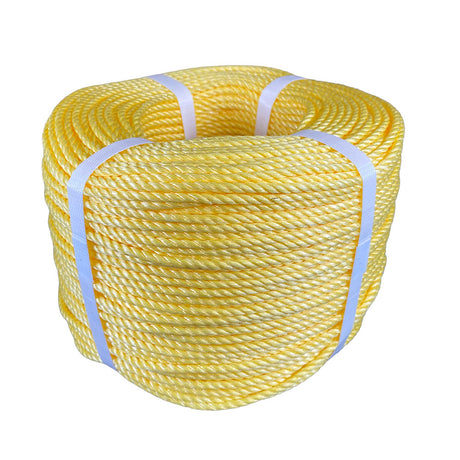 Coil of yellow polypropylene rope with white banding on a white background