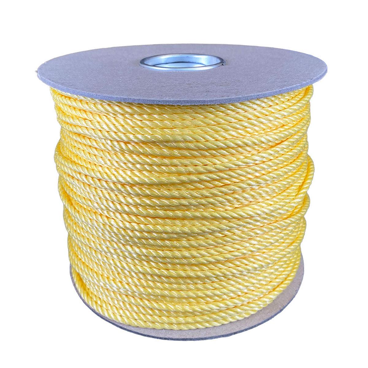 4mm yellow polypropylene rope on a cardboard reel with a white background