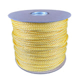 4mm yellow polypropylene rope on a cardboard reel with a white background