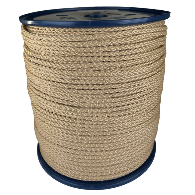 spool of 4mm beige braided cord on a plastic reel on a white background