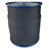 spool of 4mm black braided cord on a plastic reel on a white background