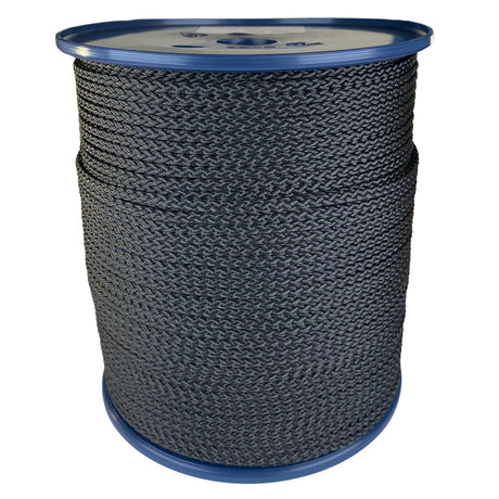 spool of 4mm black braided cord on a plastic reel on a white background