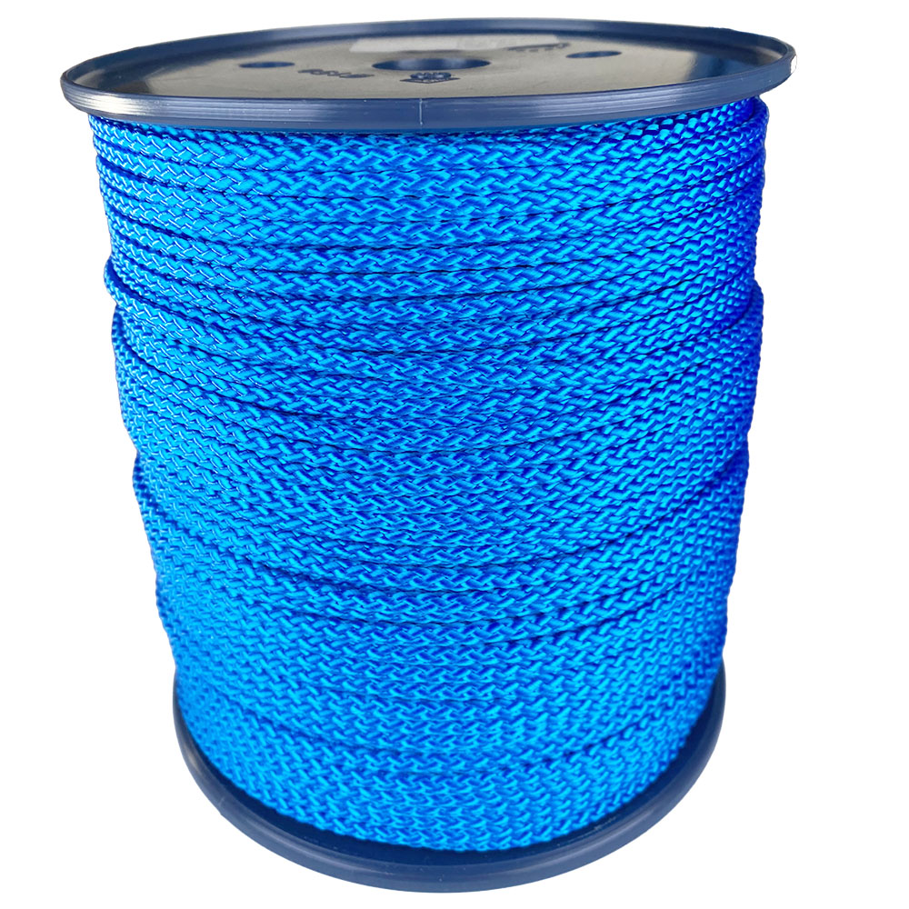 spool of 4mm blue braided cord on a plastic reel on a white background