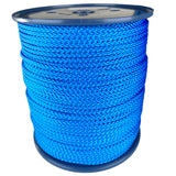 spool of 4mm blue braided cord on a plastic reel on a white background