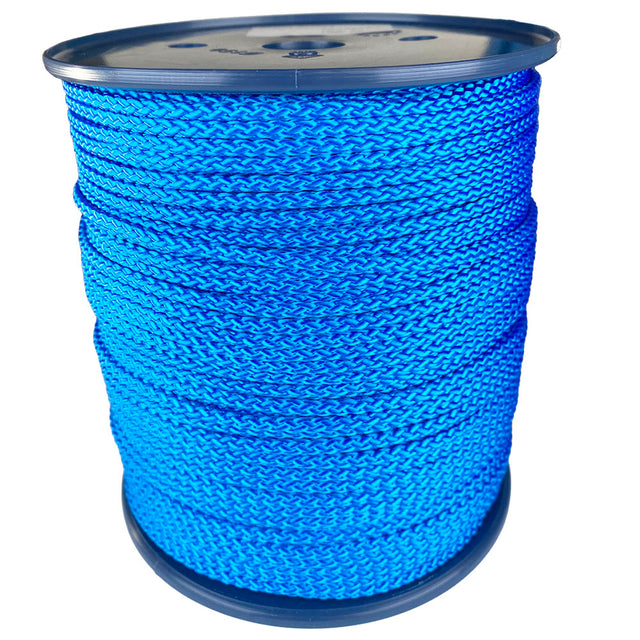 spool of 4mm blue braided cord on a plastic reel on a white background