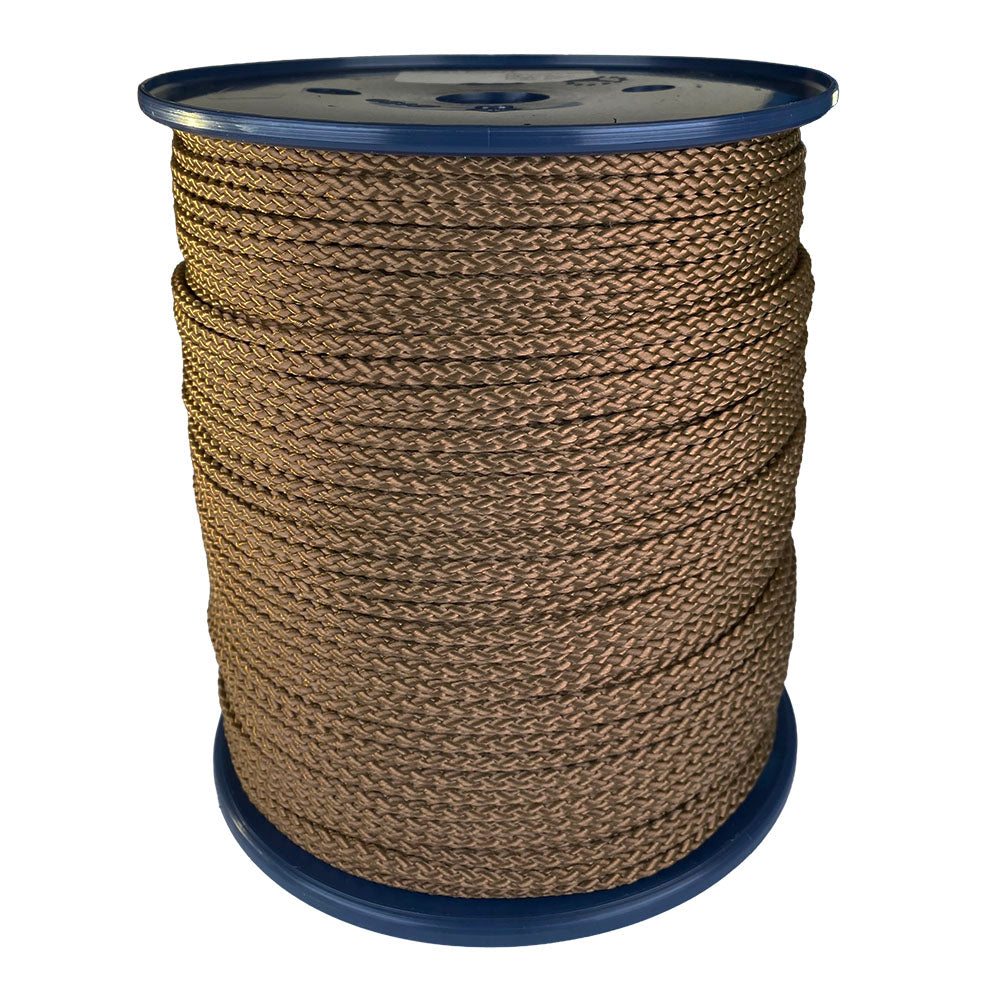 spool of 4mm brown braided cord on a plastic reel on a white background