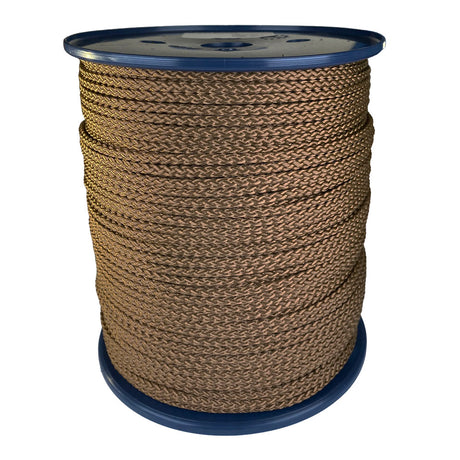 spool of 4mm brown braided cord on a plastic reel on a white background