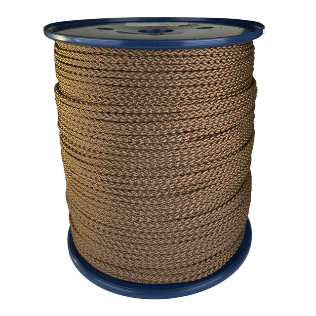 spool of 4mm brown braided cord on a plastic reel on a white background