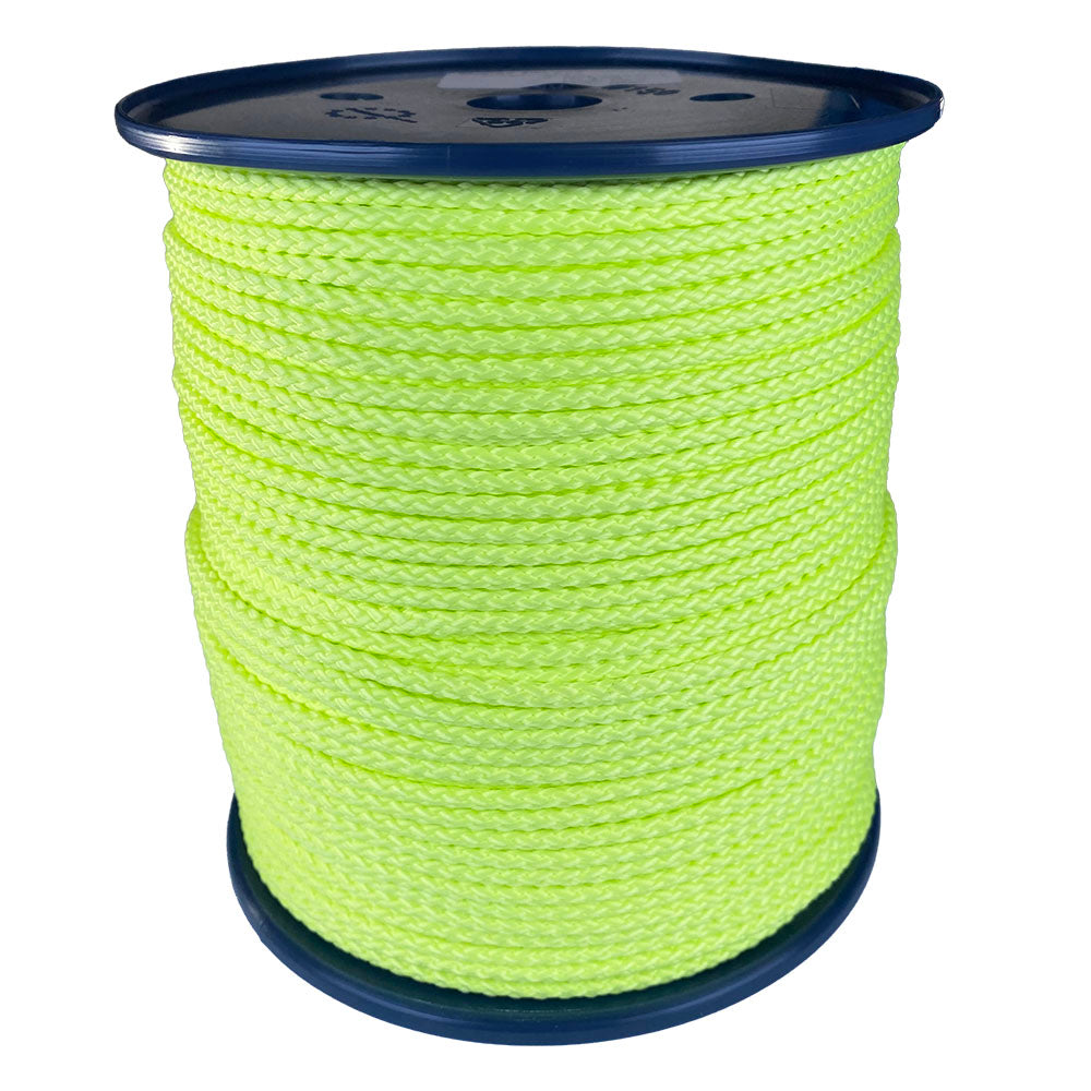 spool of 4mm fluro yellow braided cord on a plastic reel on a white background