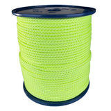 spool of 4mm fluro yellow braided cord on a plastic reel on a white background