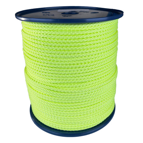 spool of 4mm fluro yellow braided cord on a plastic reel on a white background
