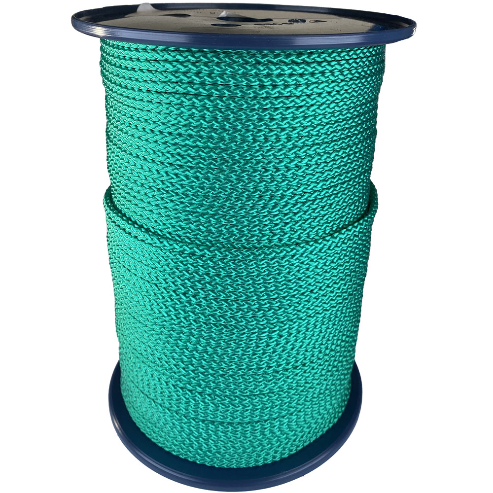 spool of 4mm green braided cord on a plastic reel on a white background