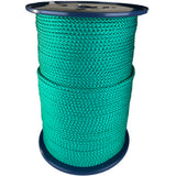 spool of 4mm green braided cord on a plastic reel on a white background