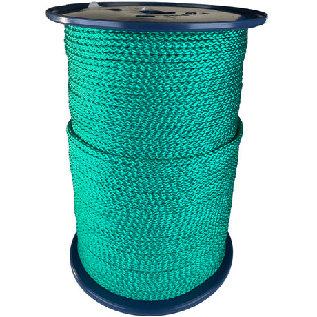 spool of 4mm green braided cord on a plastic reel on a white background