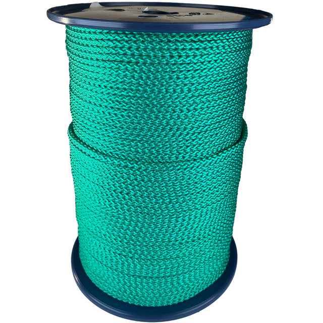 spool of 4mm green braided cord on a plastic reel on a white background
