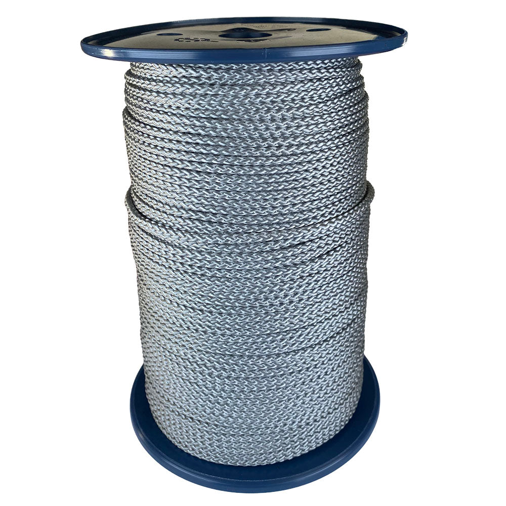 spool of 4mm silver grey braided cord on a plastic reel on a white background