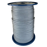 spool of 4mm silver grey braided cord on a plastic reel on a white background