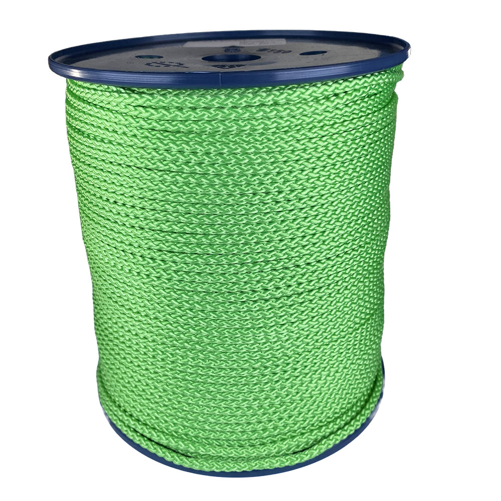 spool of 4mm lime green braided cord on a plastic reel on a white background