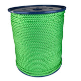 spool of 4mm lime green braided cord on a plastic reel on a white background