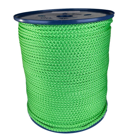 spool of 4mm lime green braided cord on a plastic reel on a white background