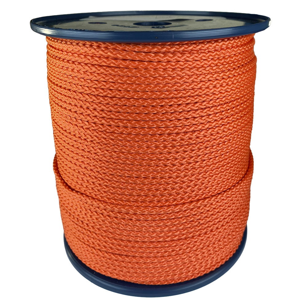 spool of 4mm orange braided cord on a plastic reel on a white background