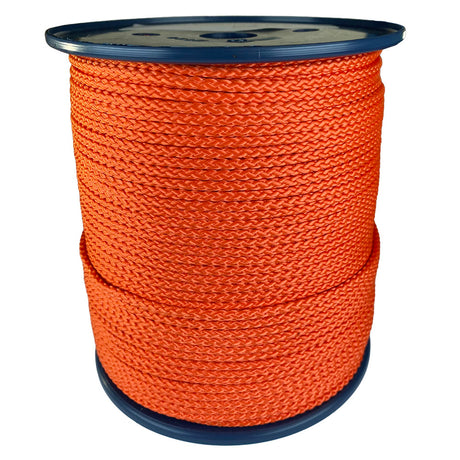 spool of 4mm orange braided cord on a plastic reel on a white background