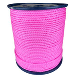 spool of 4mm pink braided cord on a plastic reel on a white background