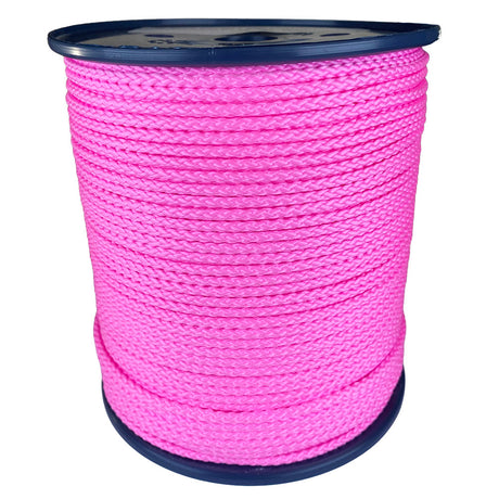 spool of 4mm pink braided cord on a plastic reel on a white background