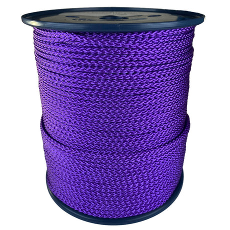 spool of 4mm purple braided cord on a plastic reel on a white background
