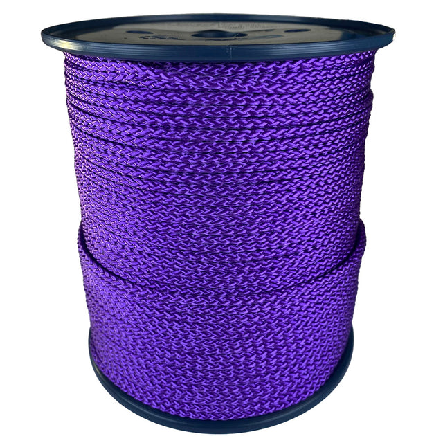 spool of 4mm purple braided cord on a plastic reel on a white background