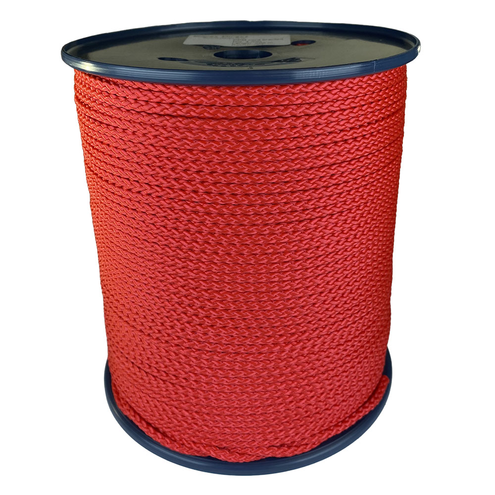 spool of 4mm black braided cord on a plastic reel on a white background