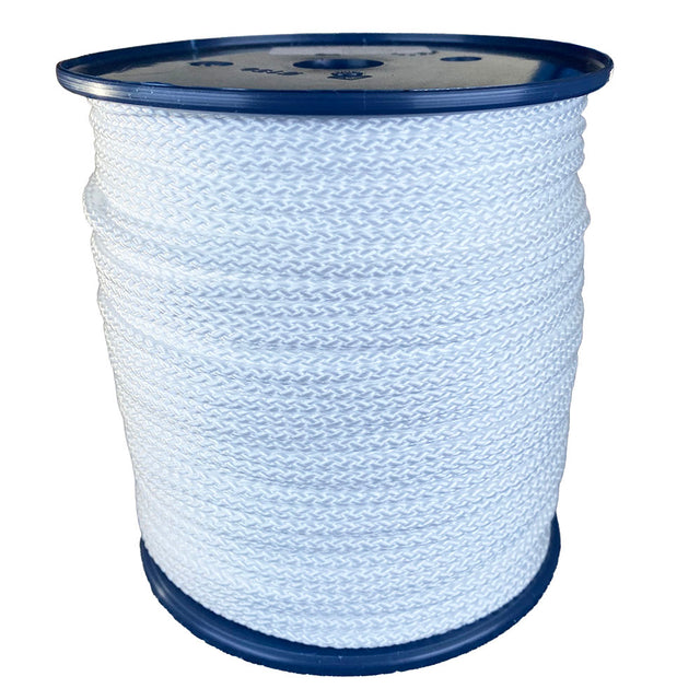 spool of 4mm white braided cord on a plastic reel on a white background