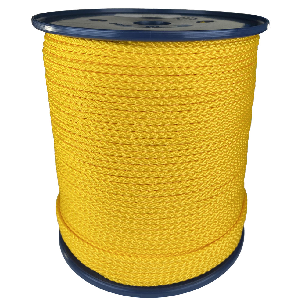 spool of 4mm yellow braided cord on a plastic reel on a white background