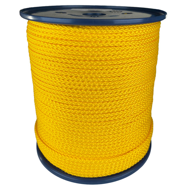spool of 4mm yellow braided cord on a plastic reel on a white background