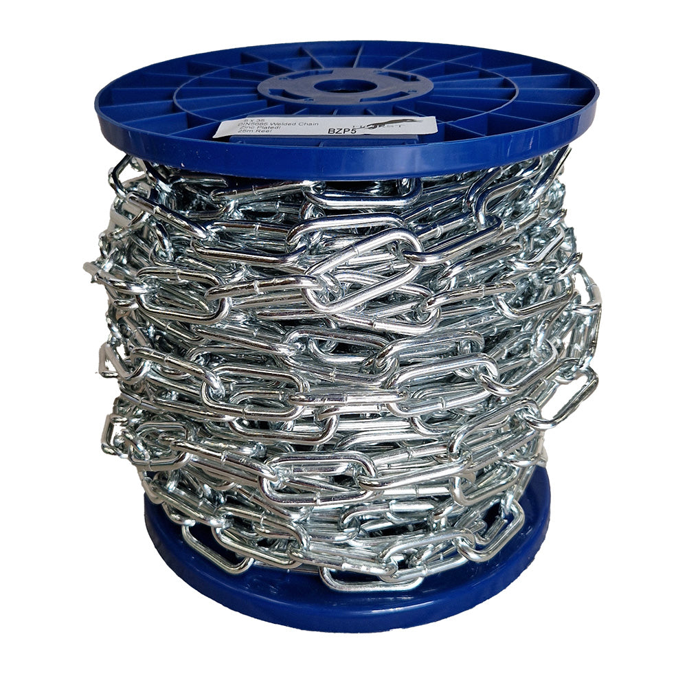 Spool of chain on a blue reel with a white background