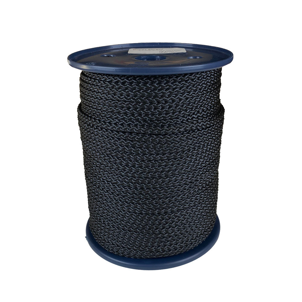 Spool of 5mm black braided polyester cord on a plastic reel with a white background