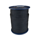 Spool of 5mm black braided polyester cord on a plastic reel with a white background