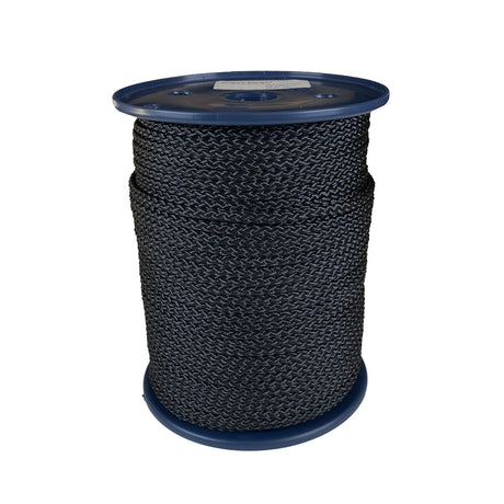 Spool of 5mm black braided polyester cord on a plastic reel with a white background